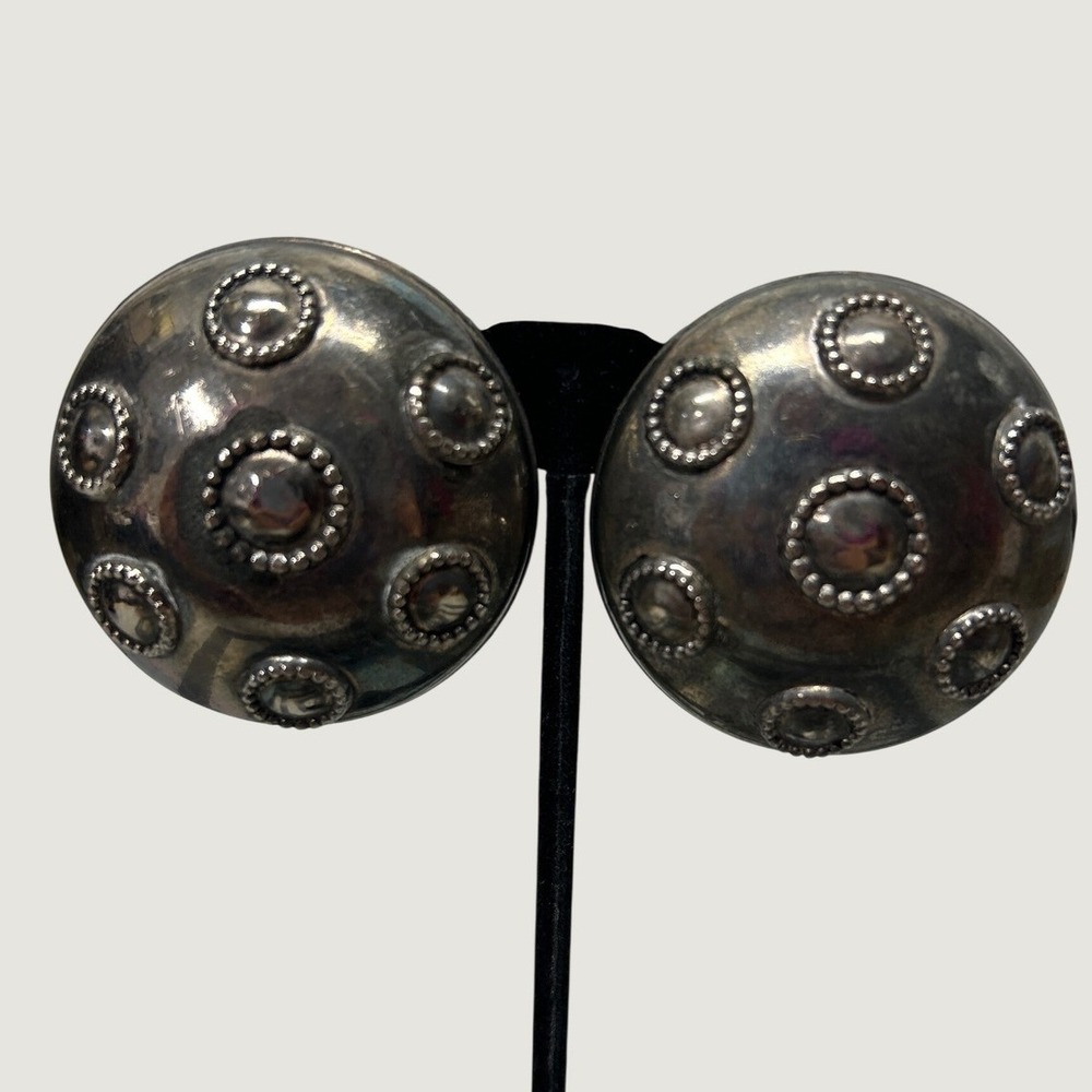 Vintage Raga Earrings Silver Dome Chunky Clip On Bohemian Tribal Gypsy